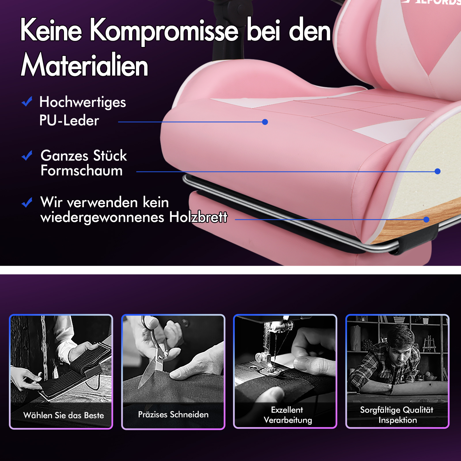 Pink gaming chair details: PU leather, foam, no recycled wood. Four images show details.