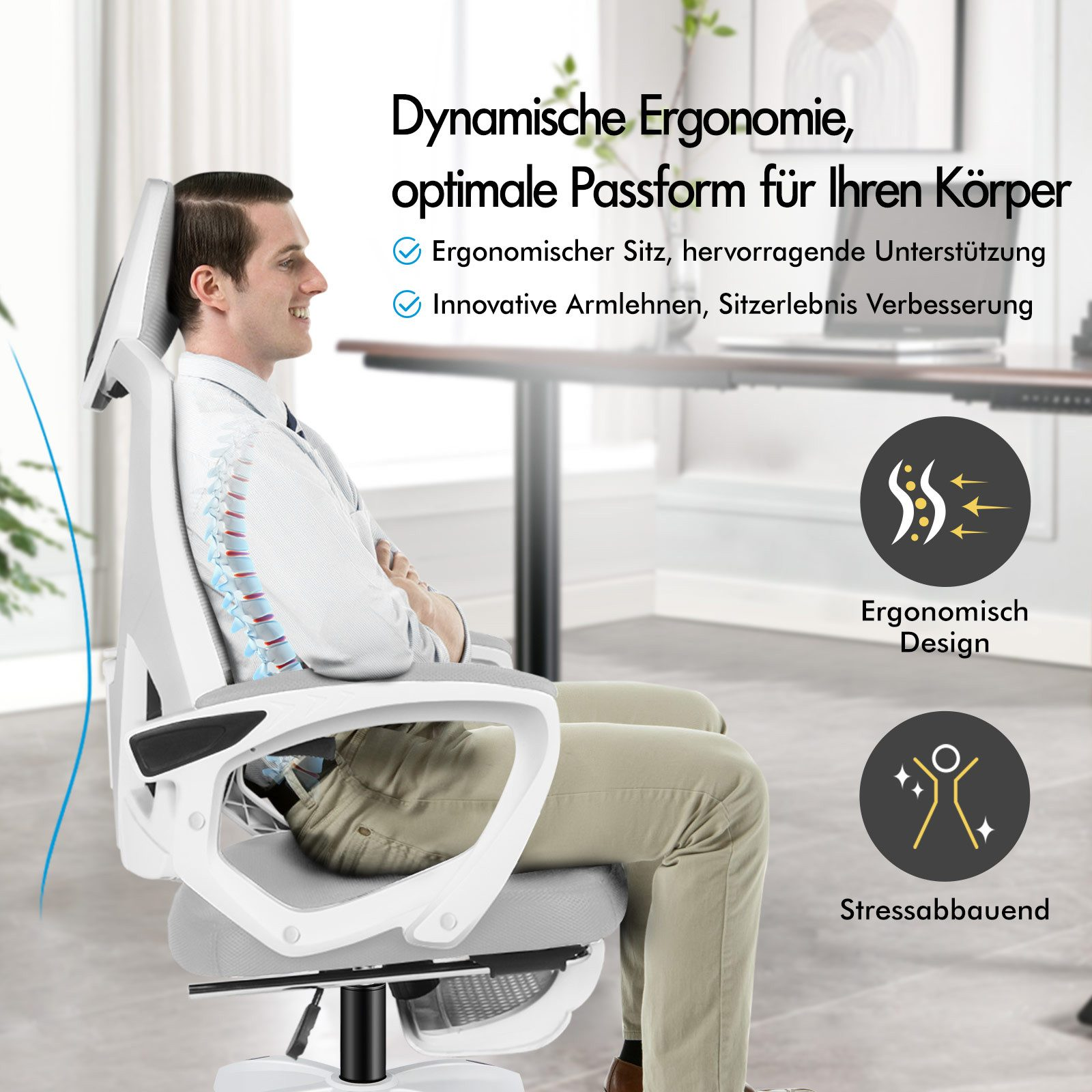 Mann sitzt in einem ergonomischen Bürostuhl mit Rückenschablone und Symbolen.