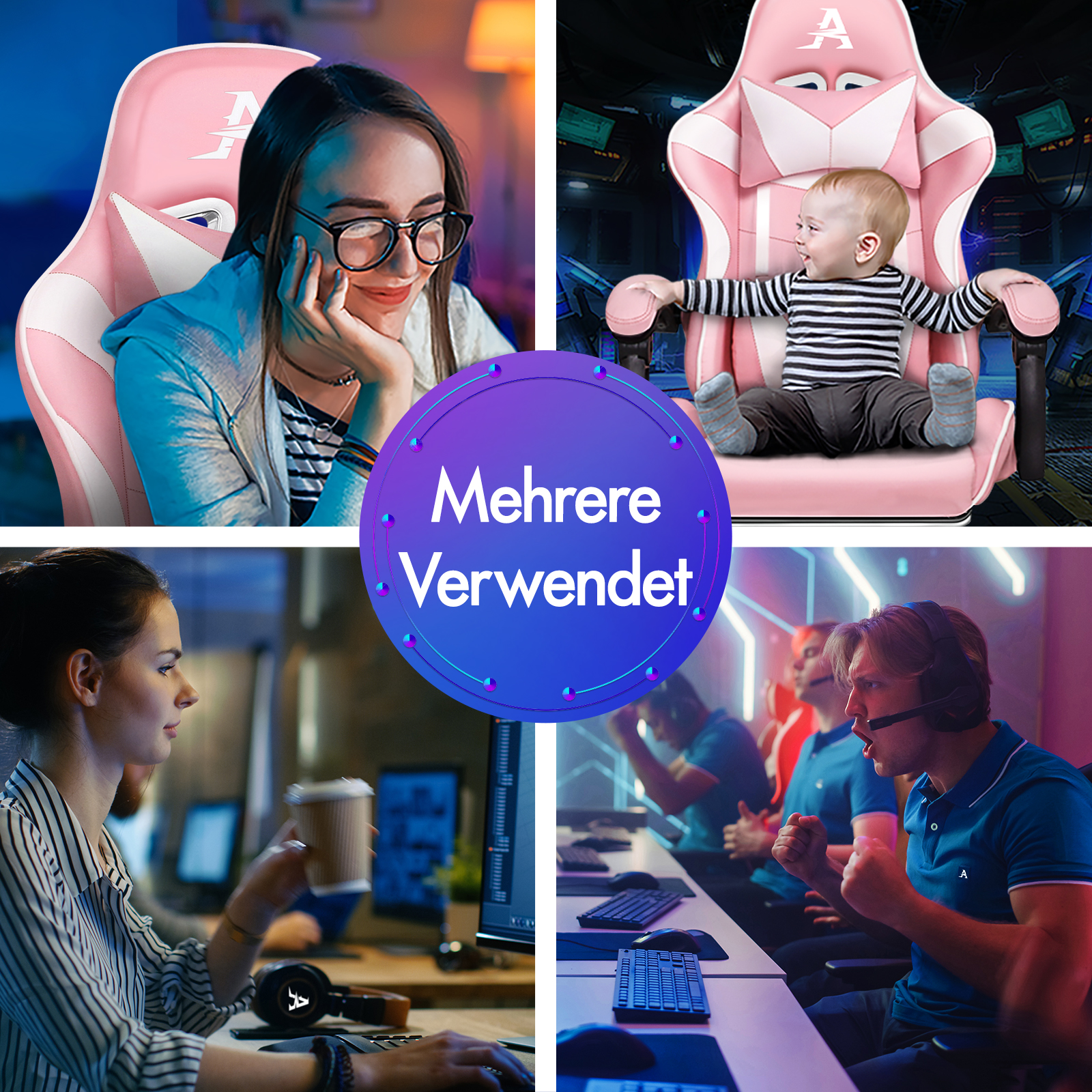 Vier Szenen: Frau im Gaming-Stuhl, Baby im Stuhl, Frau am PC, Gamer im Wettkampf.