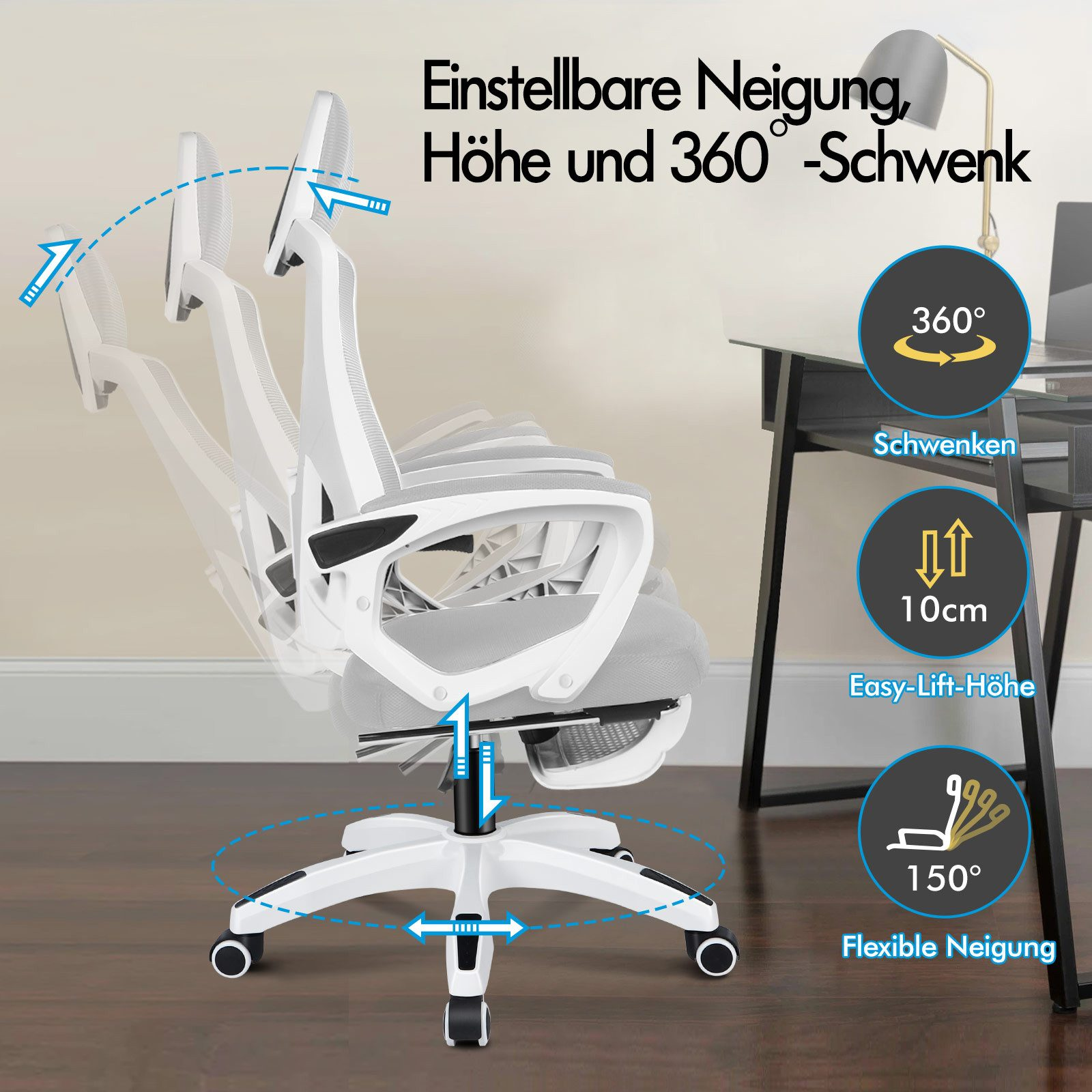 Weißer Bürostuhl mit verstellbarer Neigung, Höhe und 360° Schwenkfunktion.