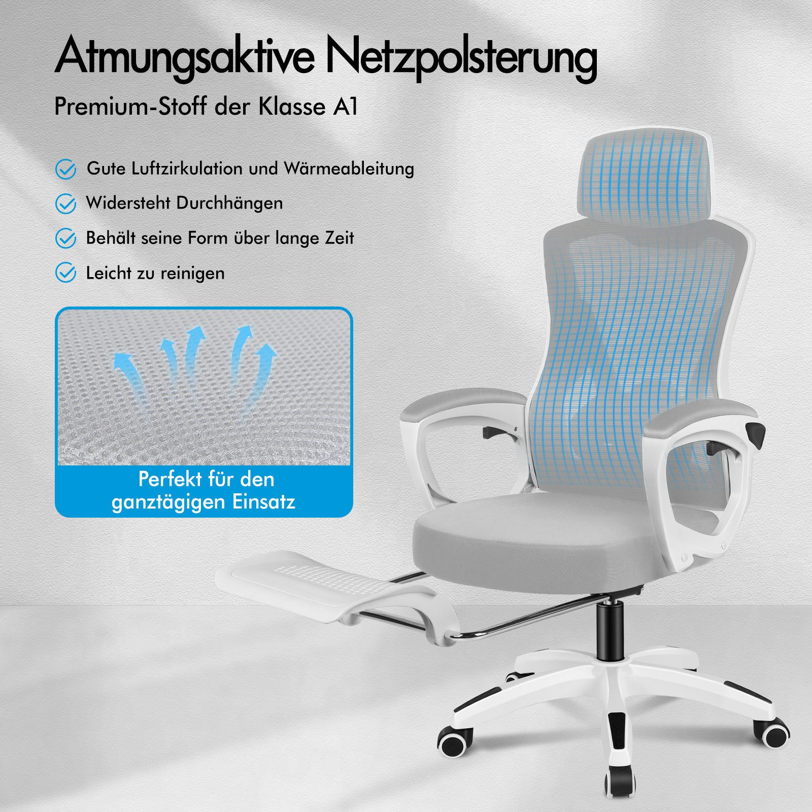 Grauer Bürostuhl mit Netzrückenlehne und ausziehbarer Fußstütze.