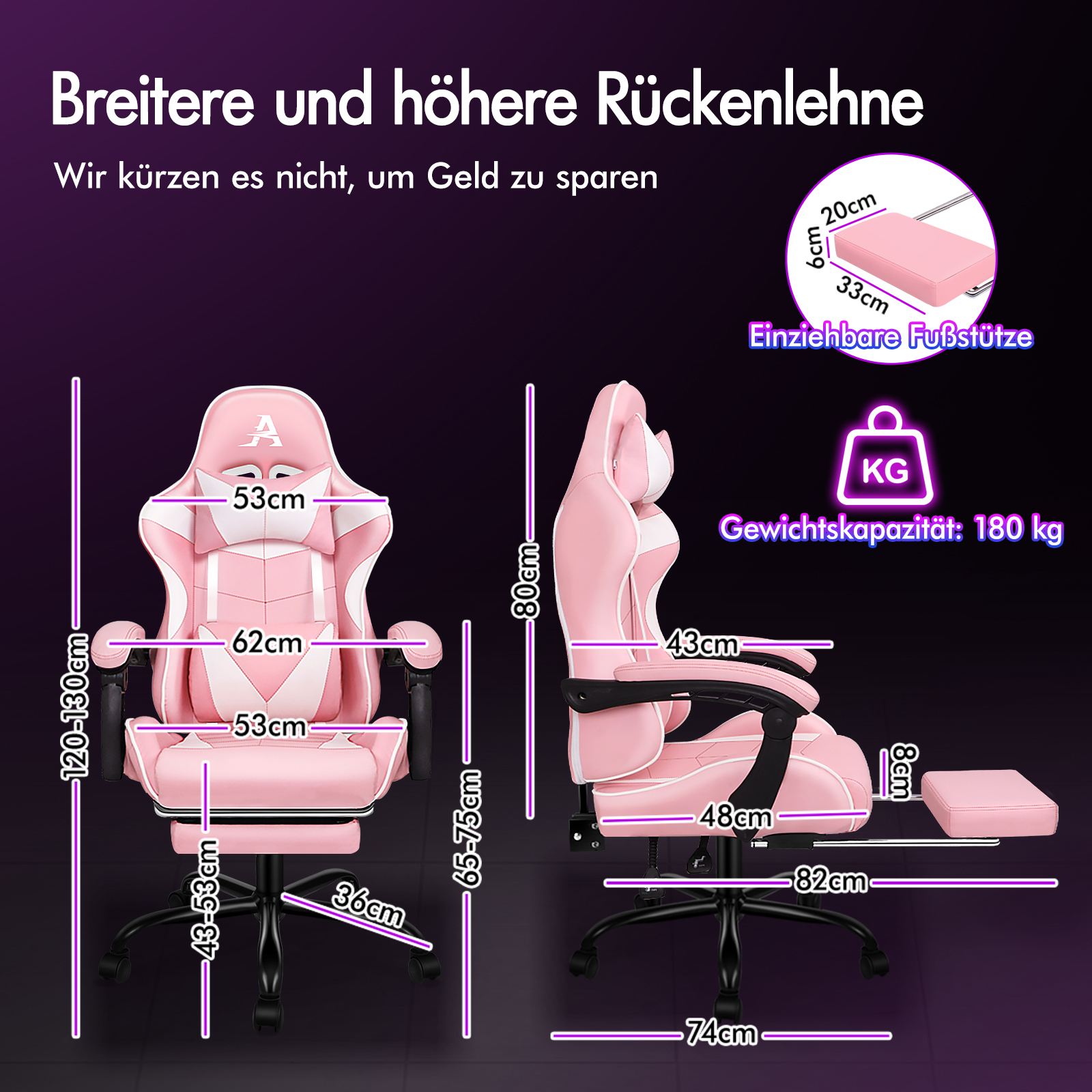 Ein pinker Gaming-Stuhl mit Maßen und einer ausziehbaren Fußstütze.