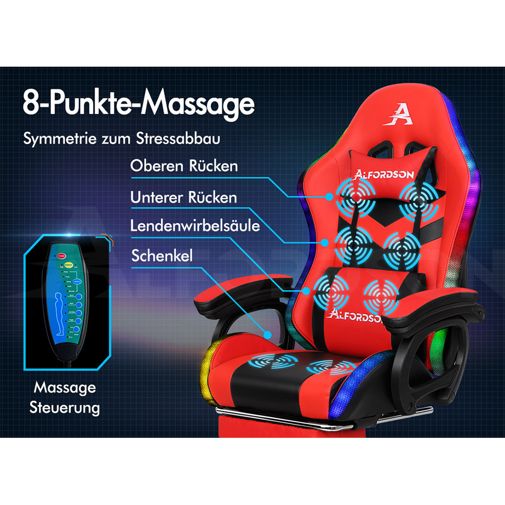 Ein roter Gaming-Stuhl mit Lichtern und Massagepunkten wird gezeigt.