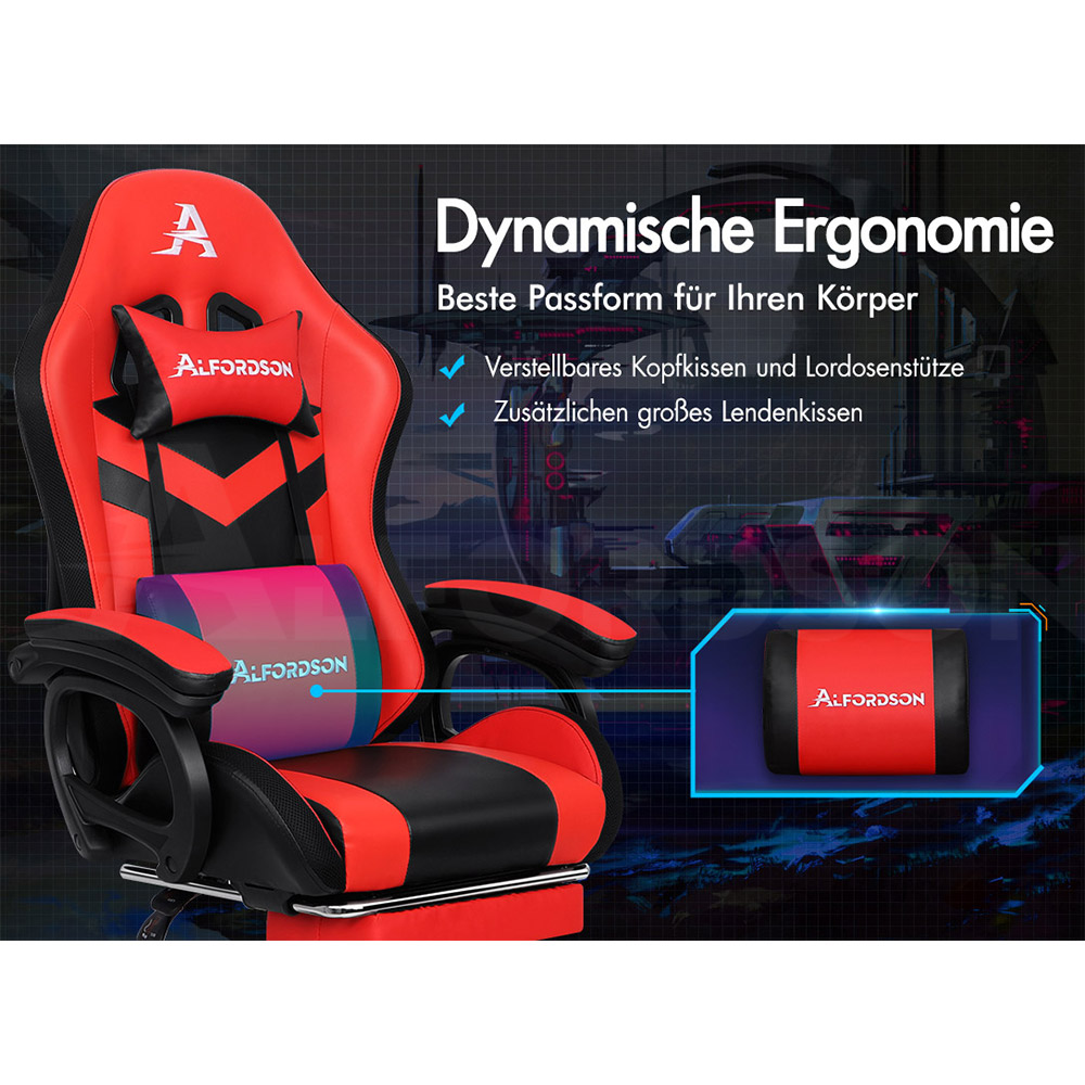 Ein roter und schwarzer Gaming-Stuhl mit verstellbaren Kissen und Lendenstütze.