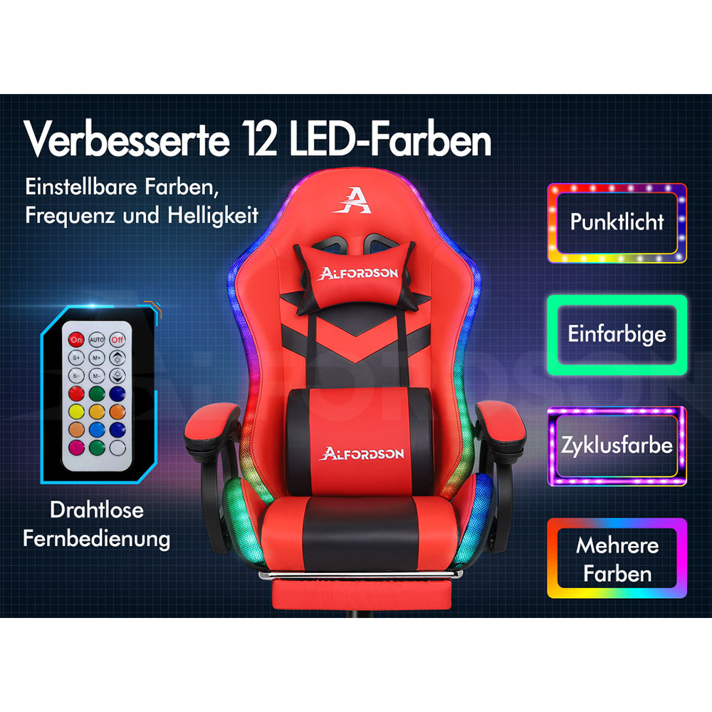 Roter Gaming-Stuhl mit 12 LED-Farben, Fernbedienung und verschiedenen Modi.