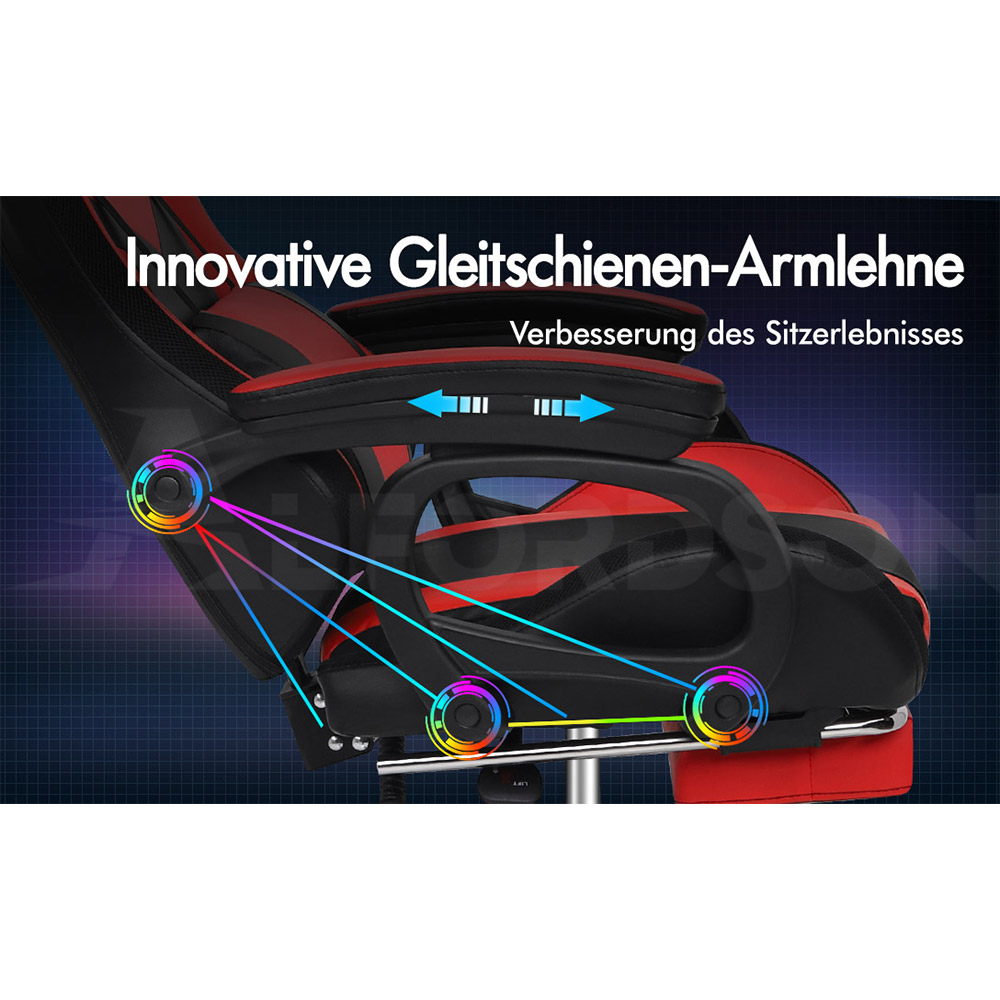 Gamingstuhl mit verstellbaren Armlehnen, farbige Linien zeigen Verstellmechanismus.