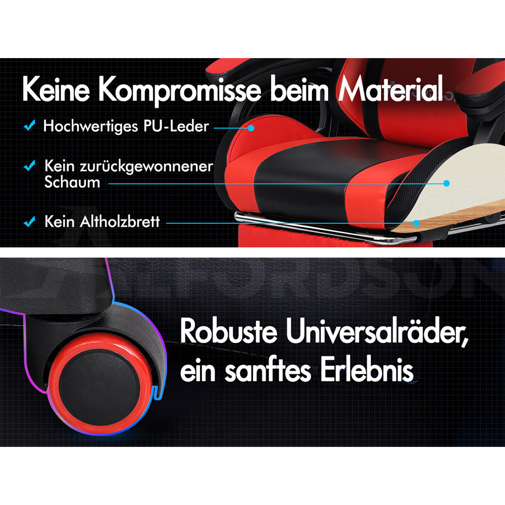 Roter und schwarzer Gaming-Stuhl mit Details zu Material und Rädern.