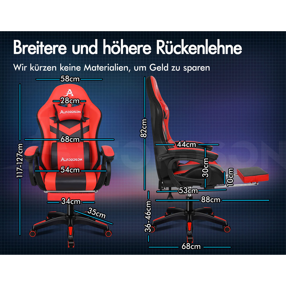 Roter und schwarzer Gaming-Stuhl mit Maßen und ausziehbarer Fußstütze.