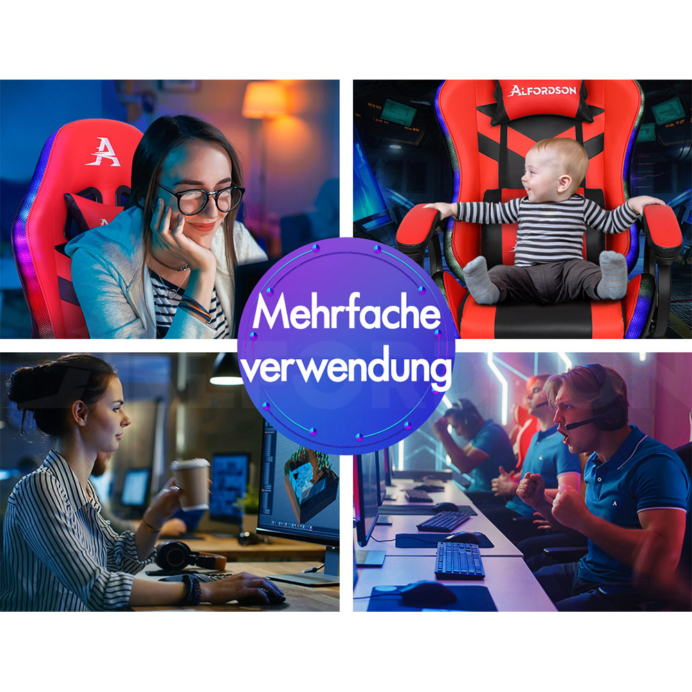 Collage zeigt vier Szenen: junge Frau am PC, Baby im Gaming-Stuhl, Frau am Schreibtisch, Gamer.