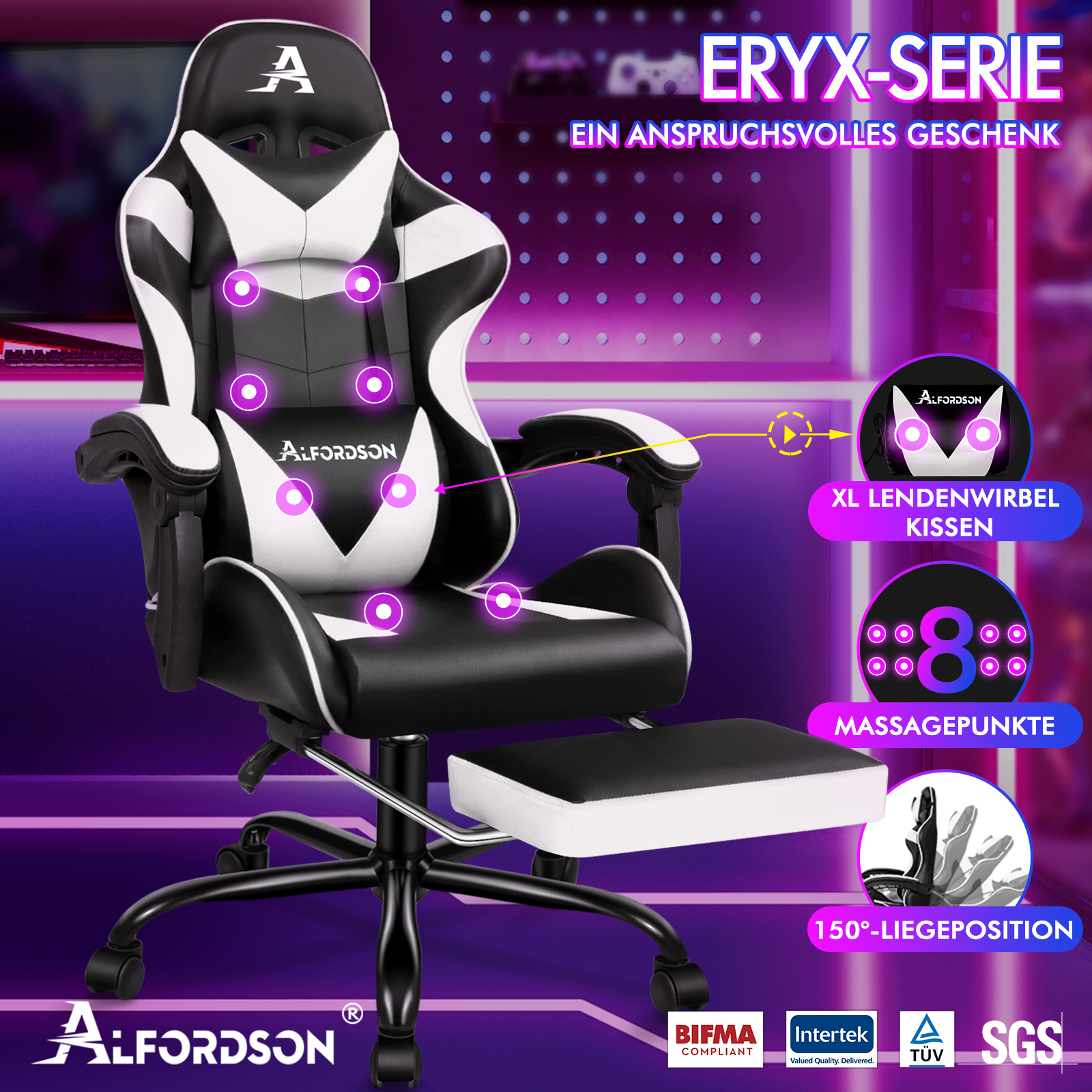 Una silla gamer negra y blanca con reposapiés retráctil y puntos de masaje.