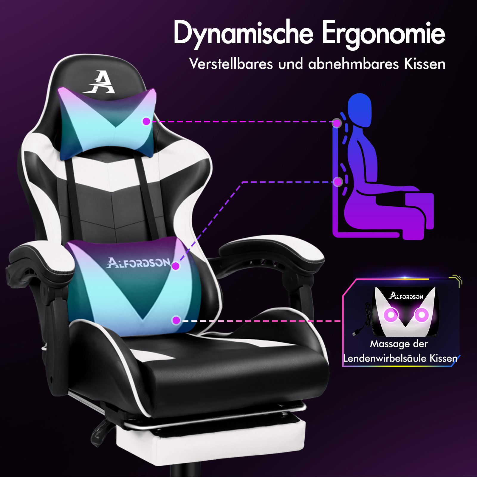 Una silla gamer negra con detalles blancos, con dos cojines.