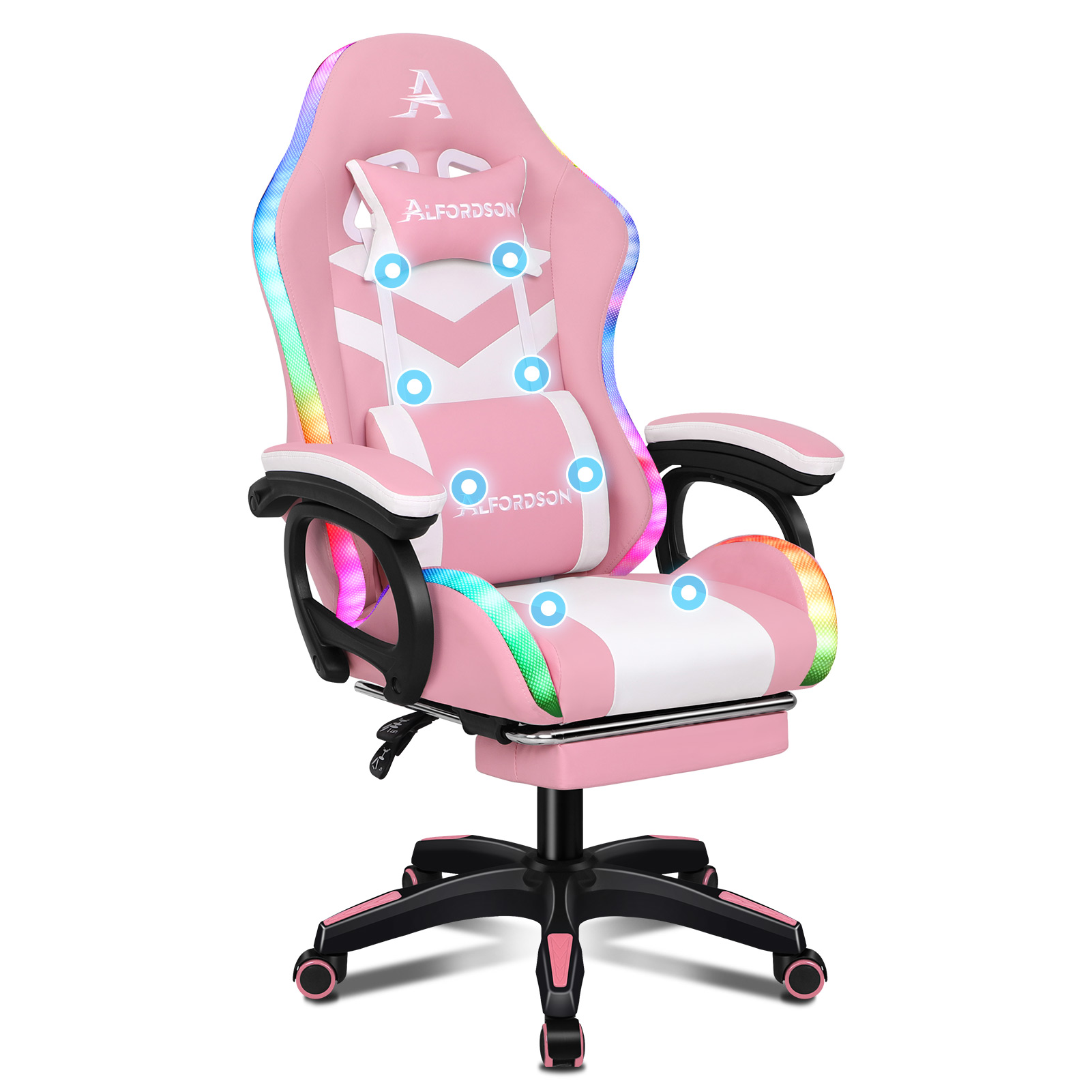 Ein rosa Gaming-Stuhl mit weißen Akzenten und RGB-Beleuchtung.