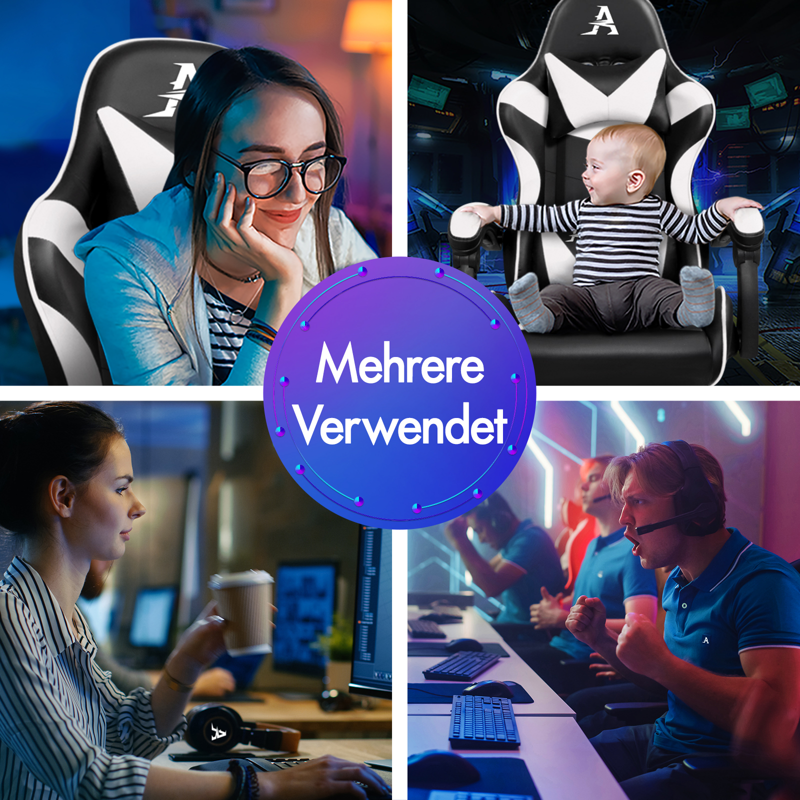 Vier Szenen: Frau am Schreibtisch, Baby im Stuhl, Gamer, Frau lächelnd.