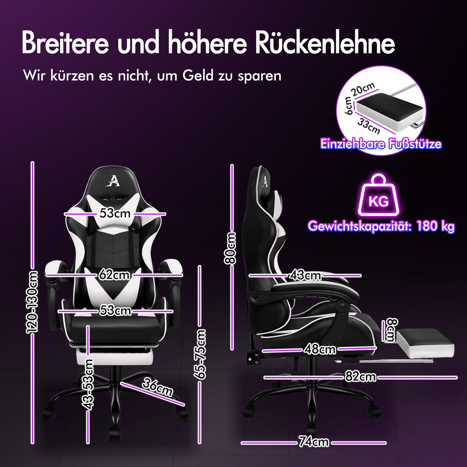 Una silla gaming negra y blanca con dimensiones y reposapiés retráctil.