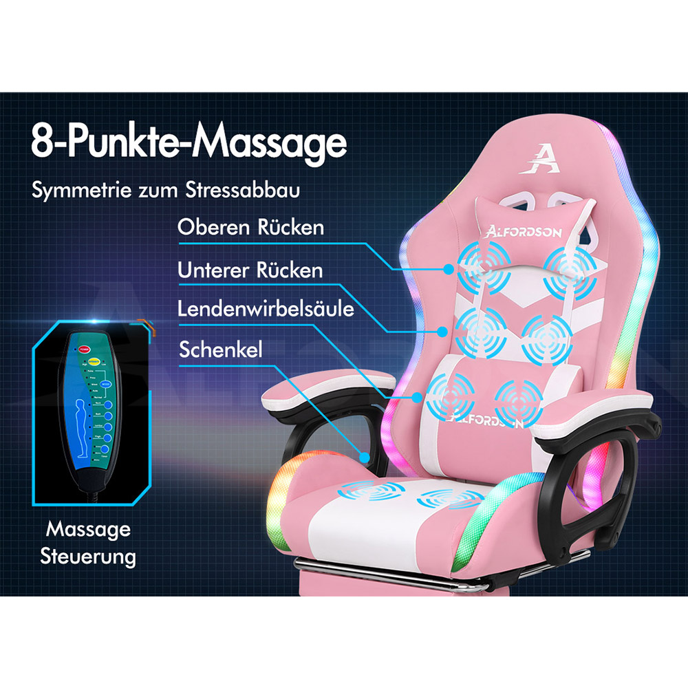 Pinker Gaming-Stuhl mit 8 Massagepunkten, detaillierter Steuerung und LED-Beleuchtung.