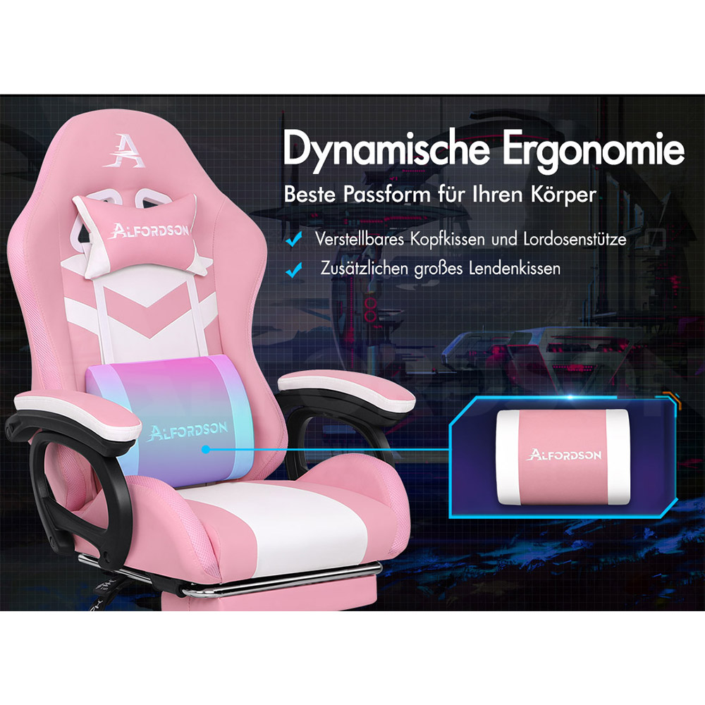 Ein rosafarbener Gaming-Stuhl mit verstellbarem Kopf- und Lendenkissen.