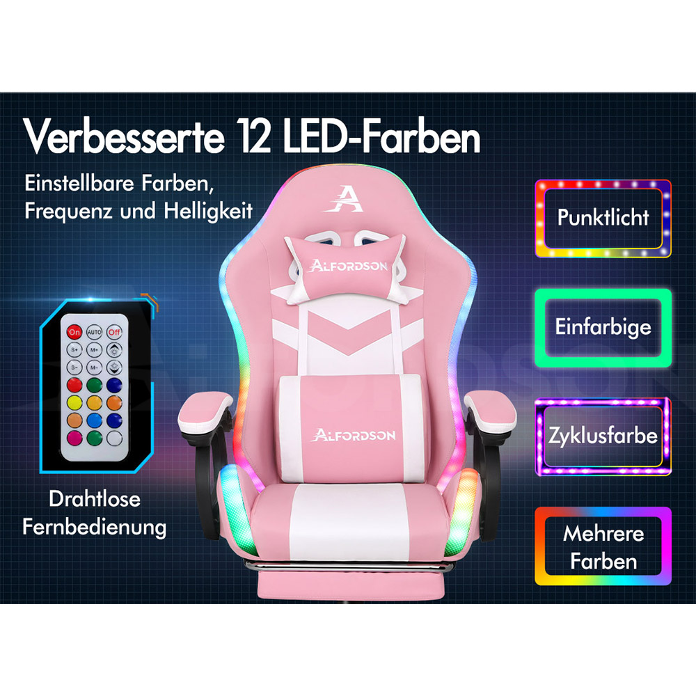 Ein pinker Gaming-Stuhl mit LED-Beleuchtung und Fernbedienung.