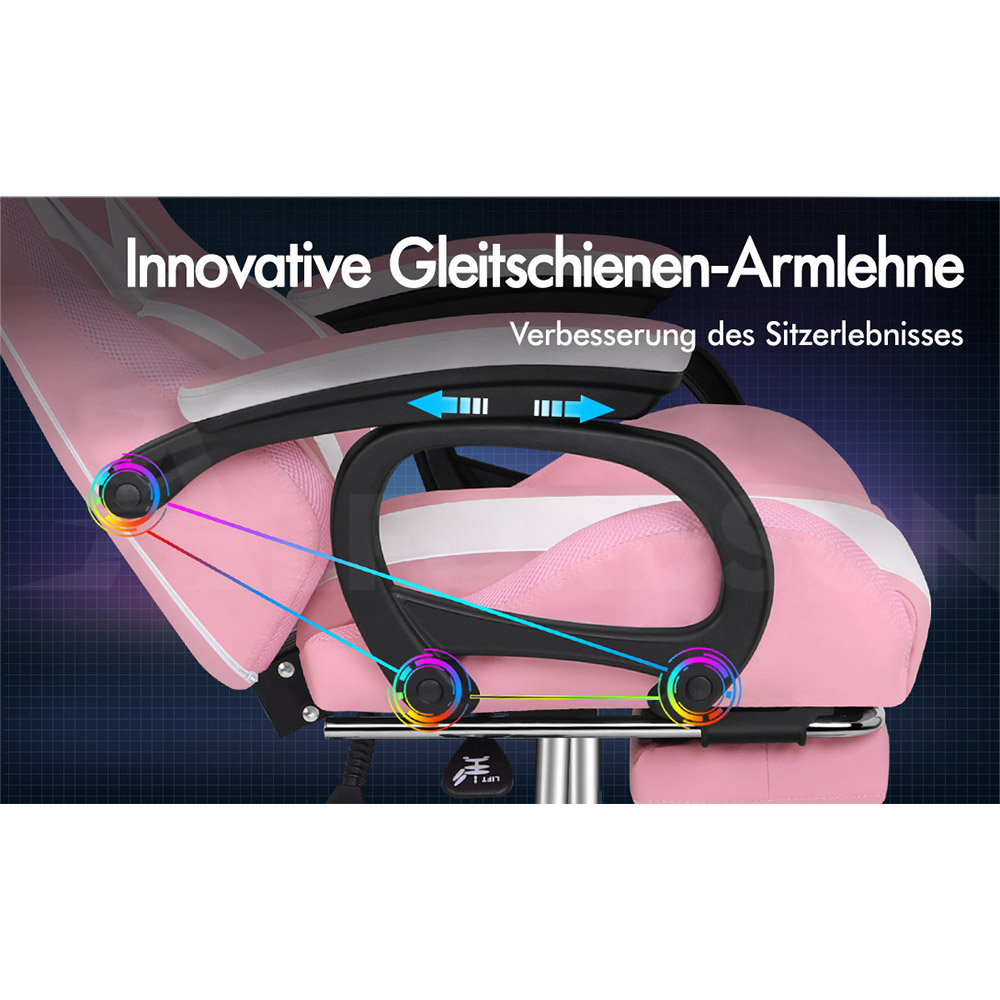 Ein pinker Gamingstuhl mit leuchtenden Armlehnen und deutschen Text.