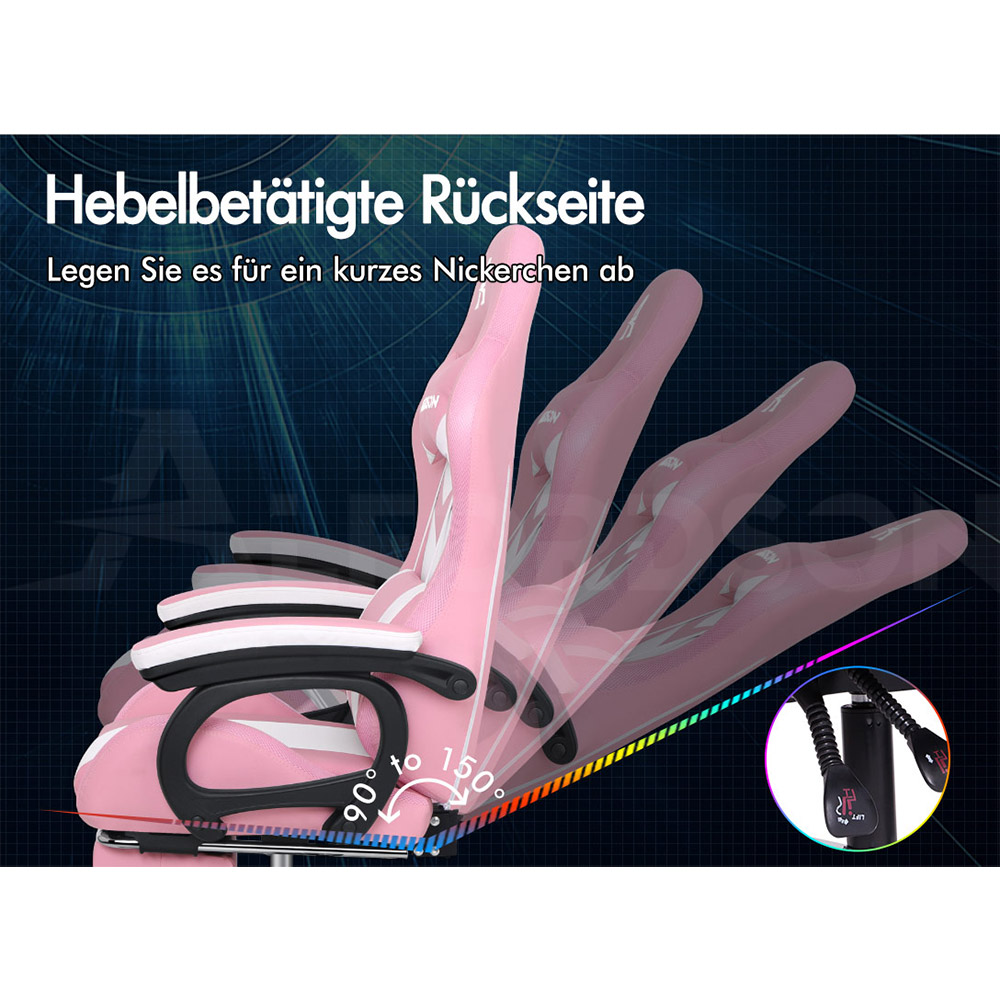 Pink gaming chair reclines from 90 to 150 degrees. Lever adjust backrest.