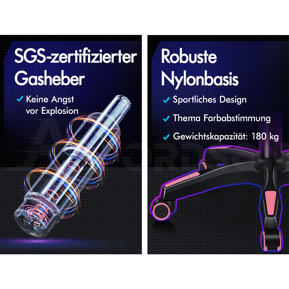 SGS-zertifizierter Gasheber und robuste Nylonbasis eines Stuhlfußes.