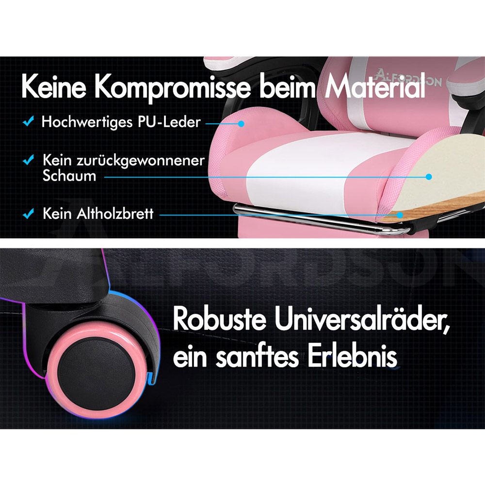 Ein rosa Stuhl mit hochwertigem PU-Leder und Schaum. Unten ist ein Rad zu sehen.