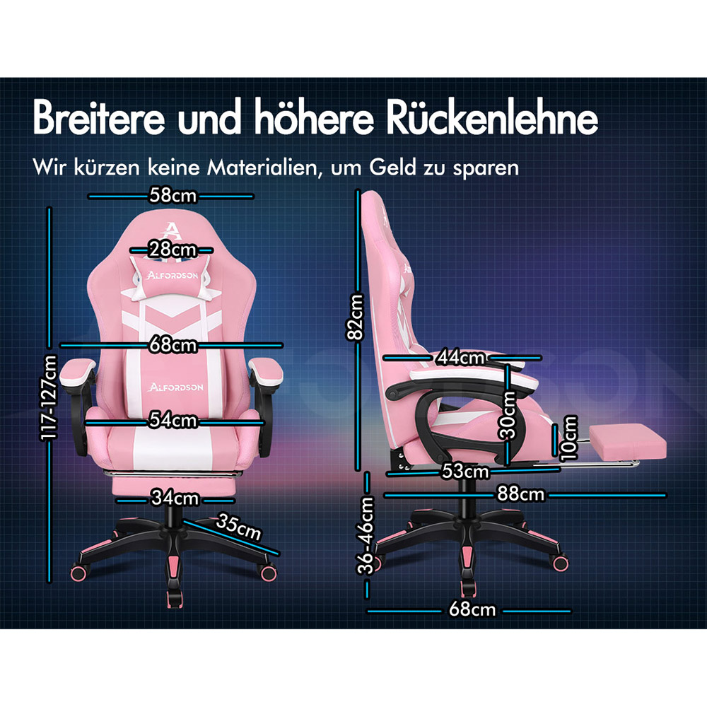 Rosa Gaming-Stuhl mit Maßen, verstellbarer Rückenlehne und Fußstütze.