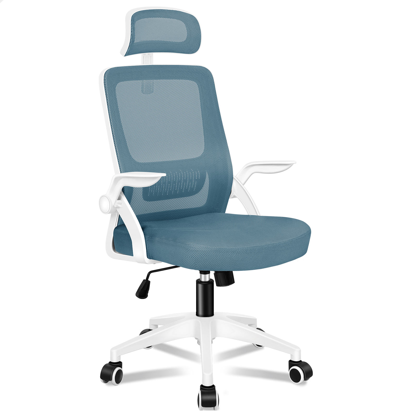 Silla de oficina azul con marco blanco y reposacabezas sobre ruedas.