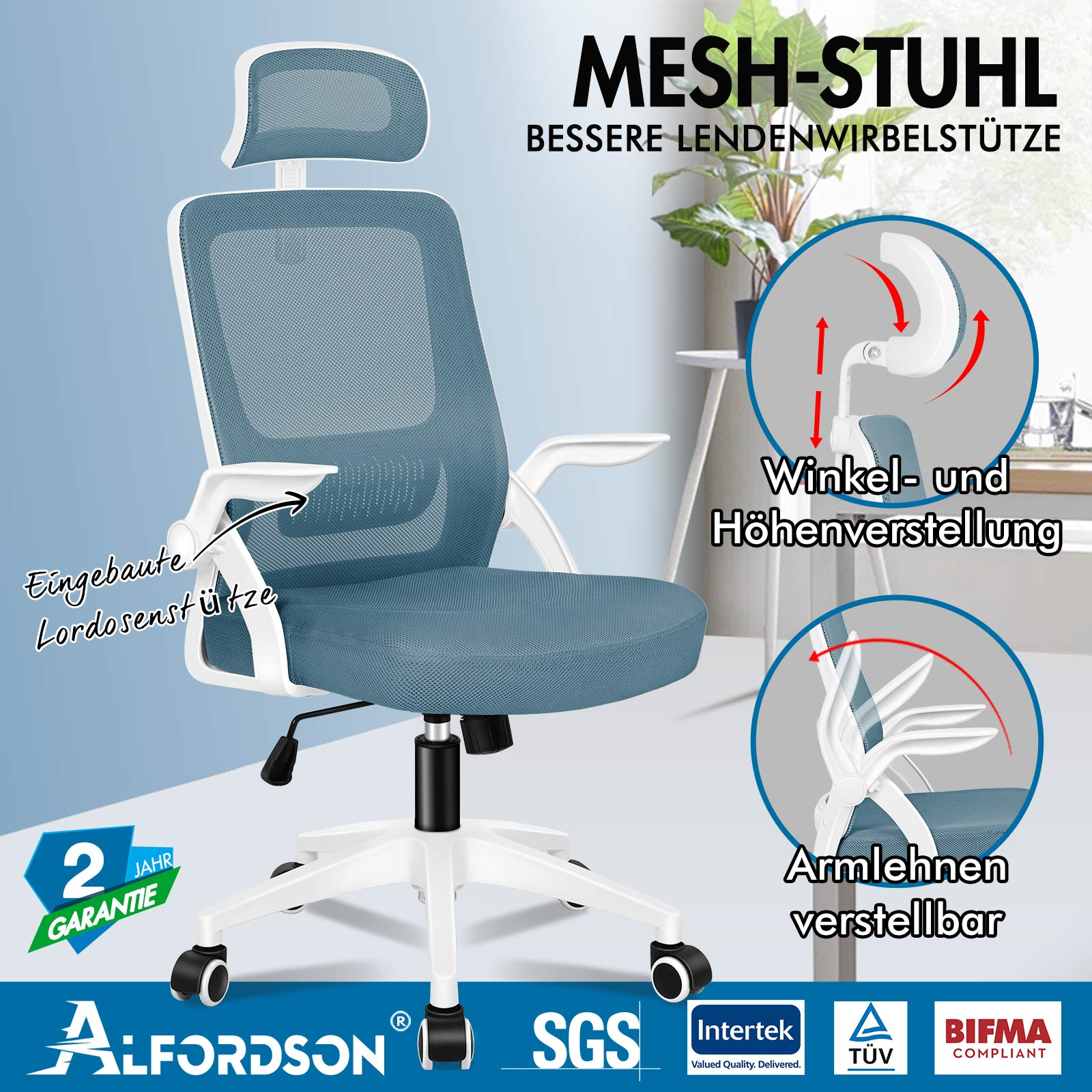 Silla de oficina de malla azul con reposacabezas, brazos ajustables y soporte lumbar.