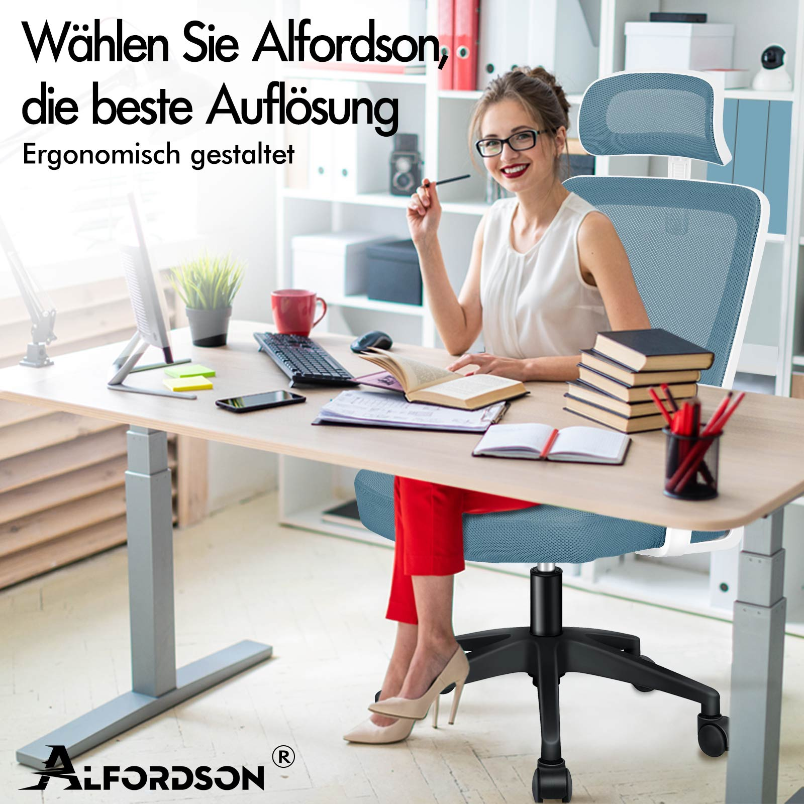 Mujer sentada en un escritorio, leyendo un libro. Silla ergonómica.