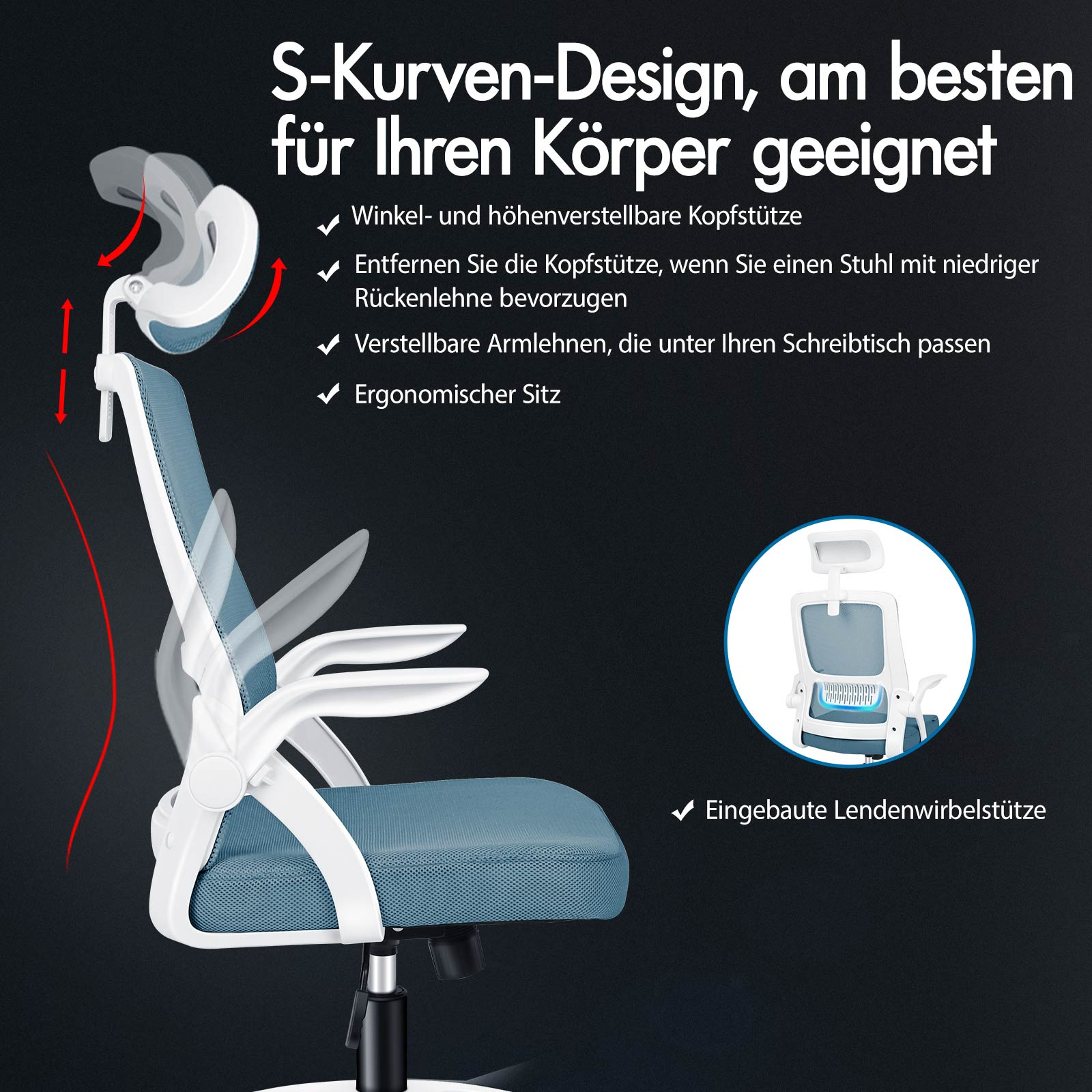 Silla de oficina ergonómica con reposacabezas, reposabrazos y soporte lumbar ajustables.