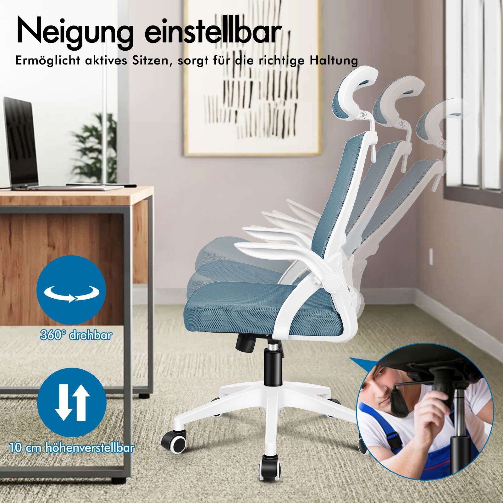 Silla de oficina con inclinación ajustable, giratoria 360° y altura regulable 10 cm.
