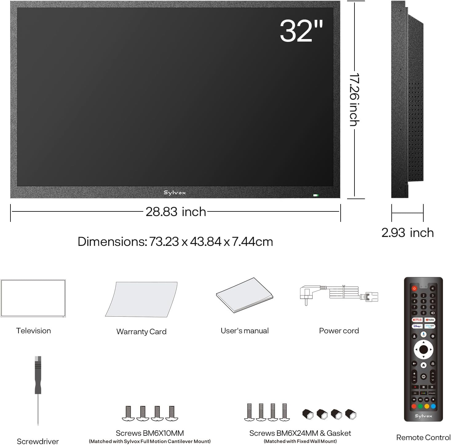 Un televisor Sylvox de 32 pulgadas con dimensiones, control remoto, cable de alimentación, manual, tornillos y destornillador.