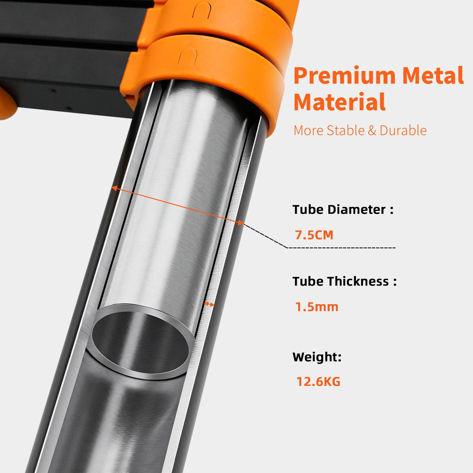 Nahaufnahme eines Metallrohrs mit orangefarbenen Akzenten, zeigt Durchmesser und Dicke.