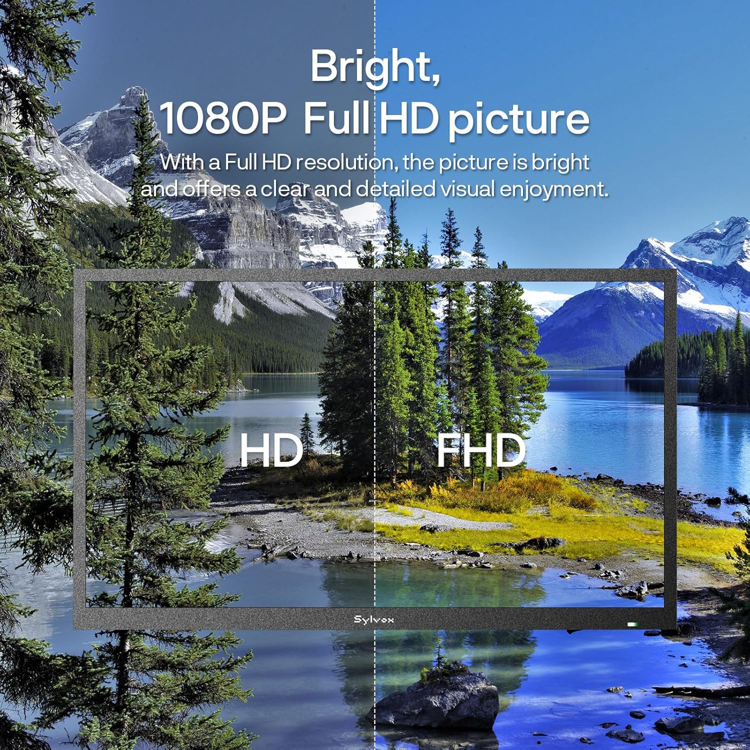 Comparación de resoluciones HD y FHD en una pantalla que muestra un paisaje de lago de montaña.