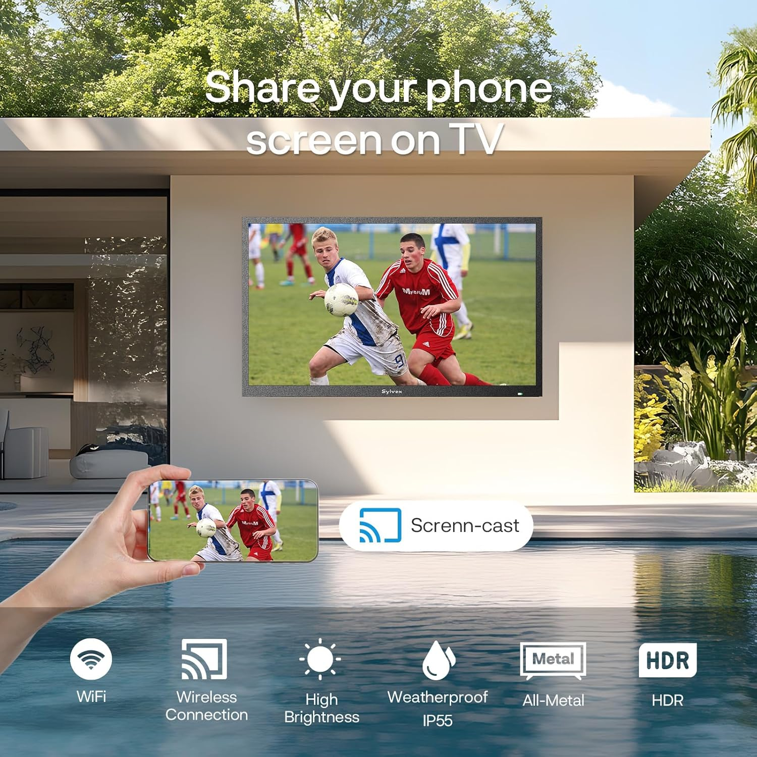 Un teléfono muestra un partido de fútbol, reflejado en un televisor exterior.