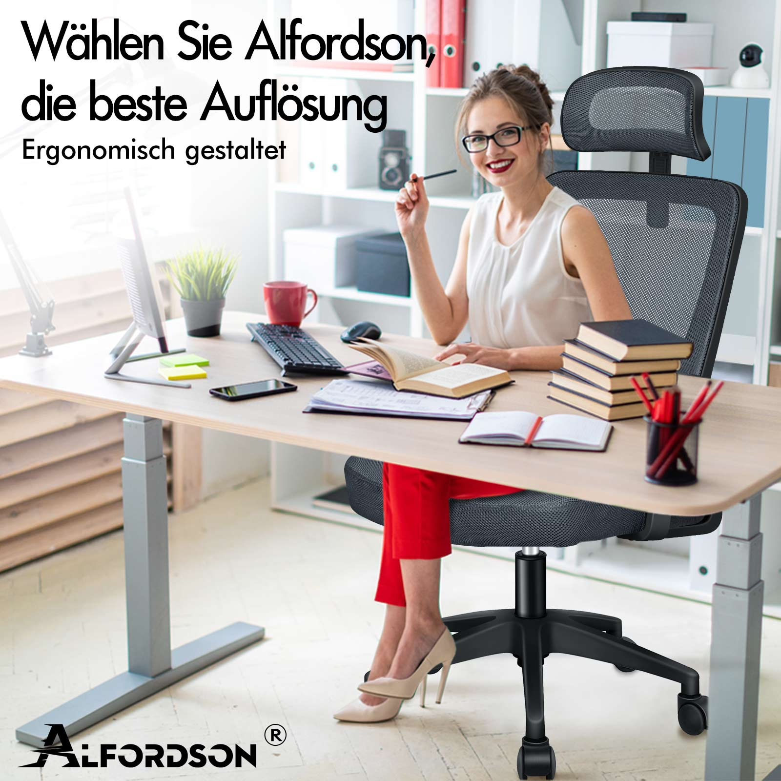 Frau am Schreibtisch mit Bürostuhl, liest ein Buch. Ergonomisch gestaltet.