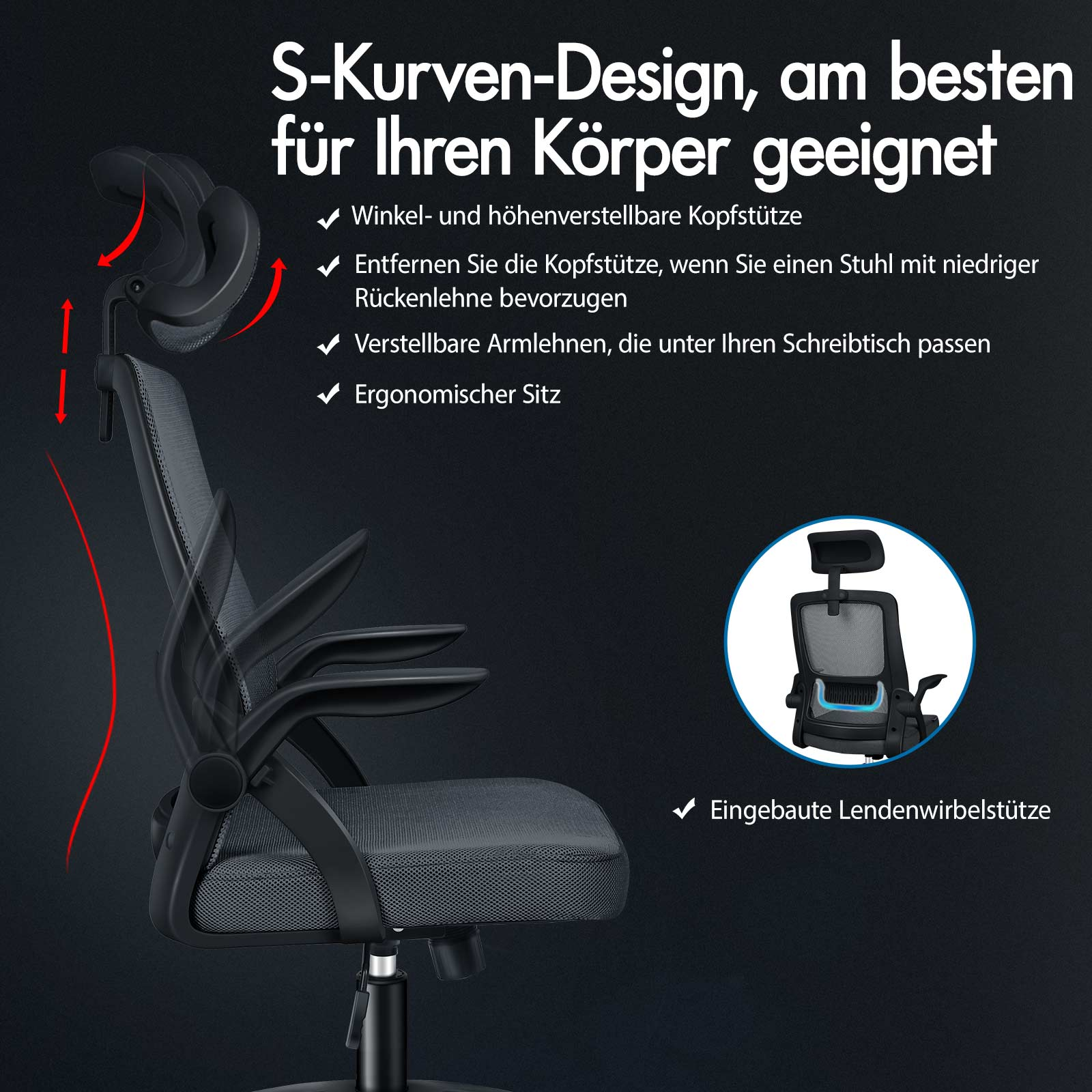 Schwarzer ergonomischer Bürostuhl mit verstellbarer Kopfstütze, Armlehnen und Lendenwirbelstütze.
