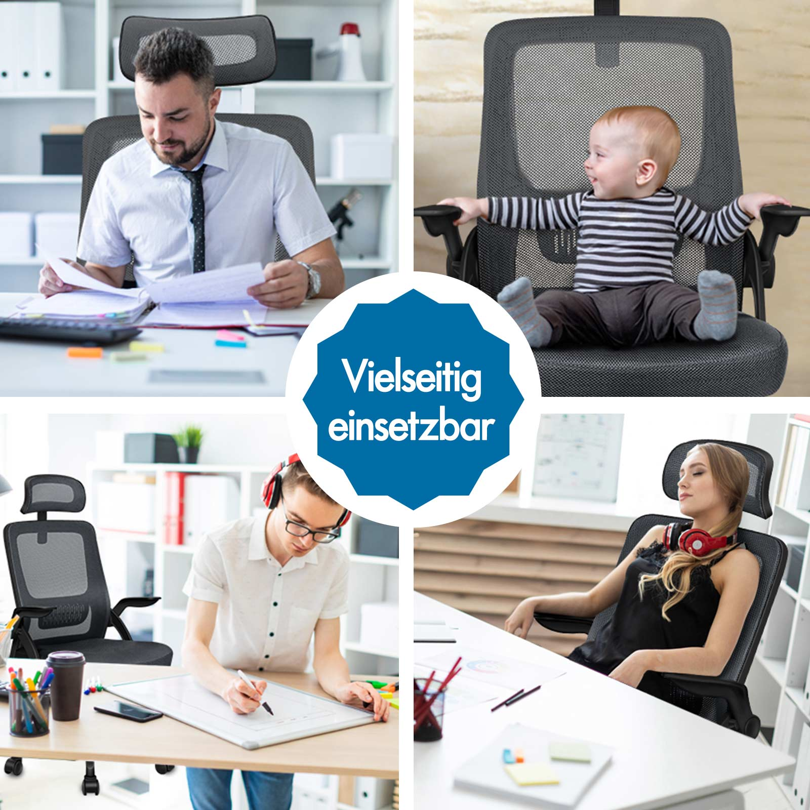 Vier Szenen: Mann im Büro, Baby im Stuhl, Mann am Whiteboard, Frau mit Kopfhörern.