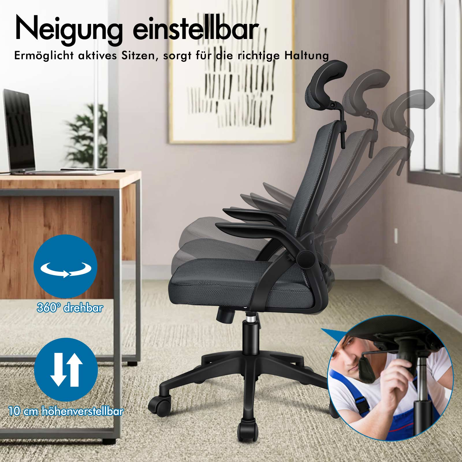 Verstellbarer Bürostuhl mit 360° Drehung und 10cm Höhenverstellung.