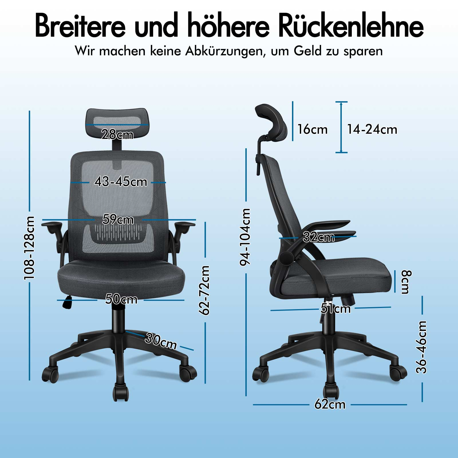 Grauer Bürostuhl mit Maßen und verstellbaren Teilen.