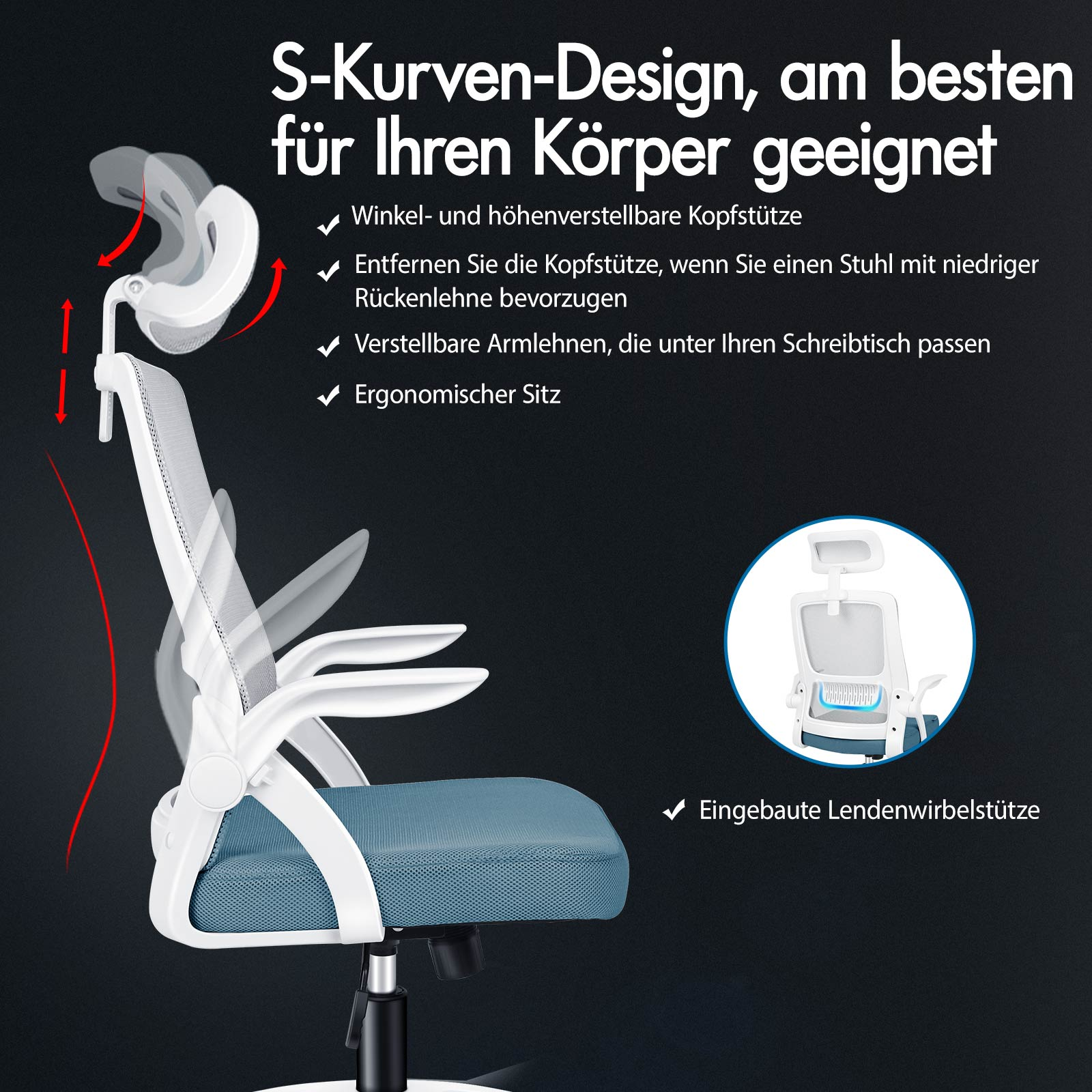 Ein weißer Bürostuhl mit verstellbarer Kopfstütze, Armlehnen und Lendenwirbelstütze.