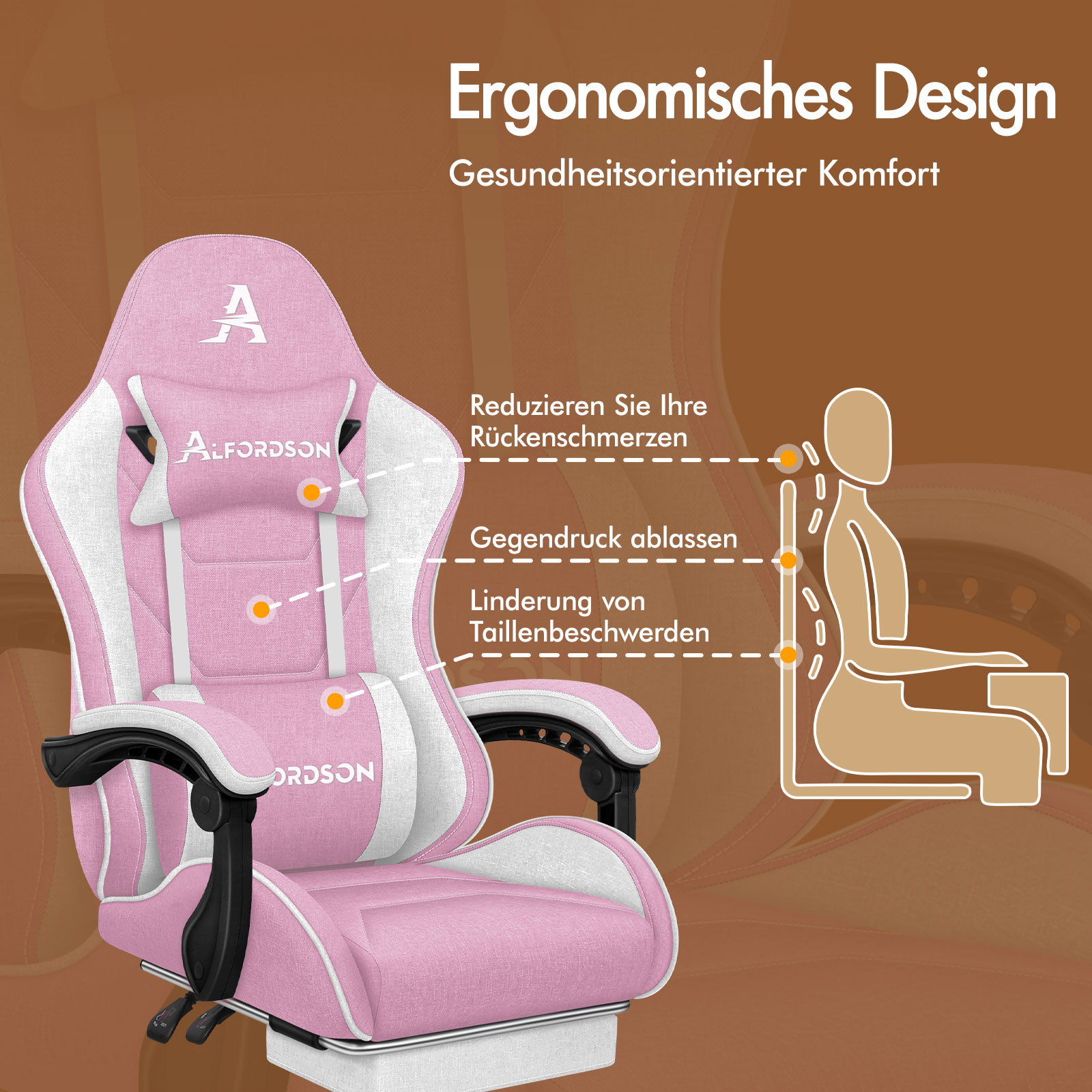 Ein pinker Gaming-Stuhl mit ergonomischem Design, der Rückenschmerzen lindert.