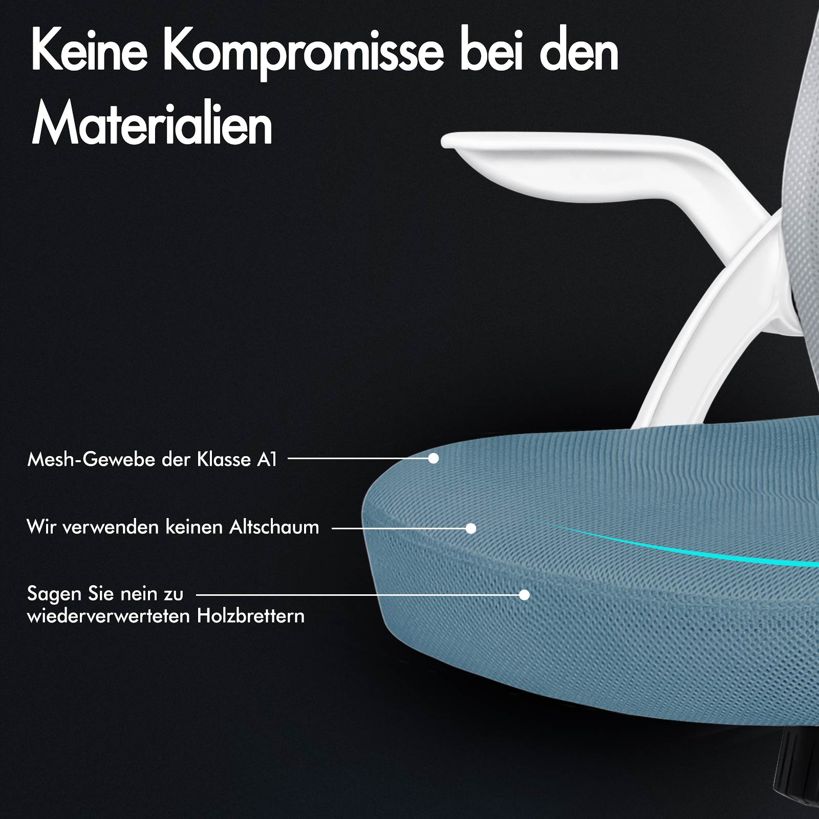 Detailansicht eines blauen Sitzes mit weißen Armlehnen und Text. Hochwertige Materialien.
