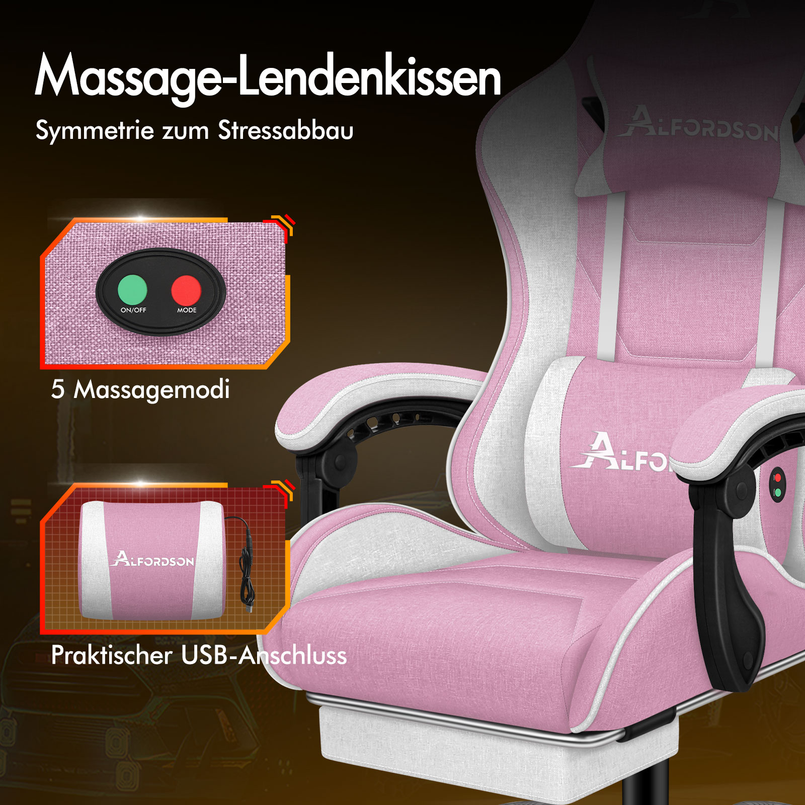 Ein pinkfarbener Massagesessel mit weißer Polsterung und Bedienfeldern.