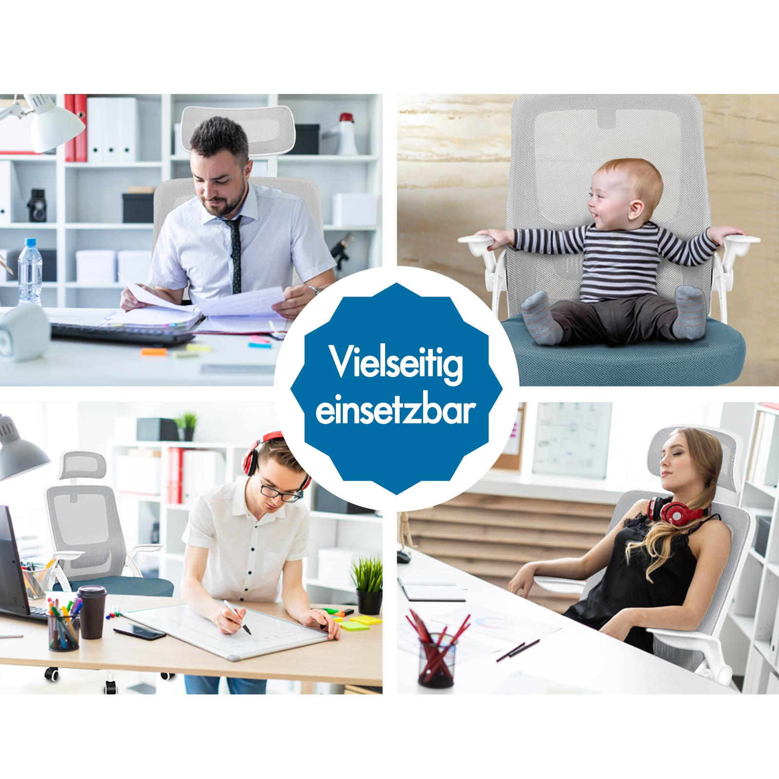 Vier Szenen: Mann im Büro, Baby im Stuhl, Mann am Whiteboard, Frau mit Kopfhörern.