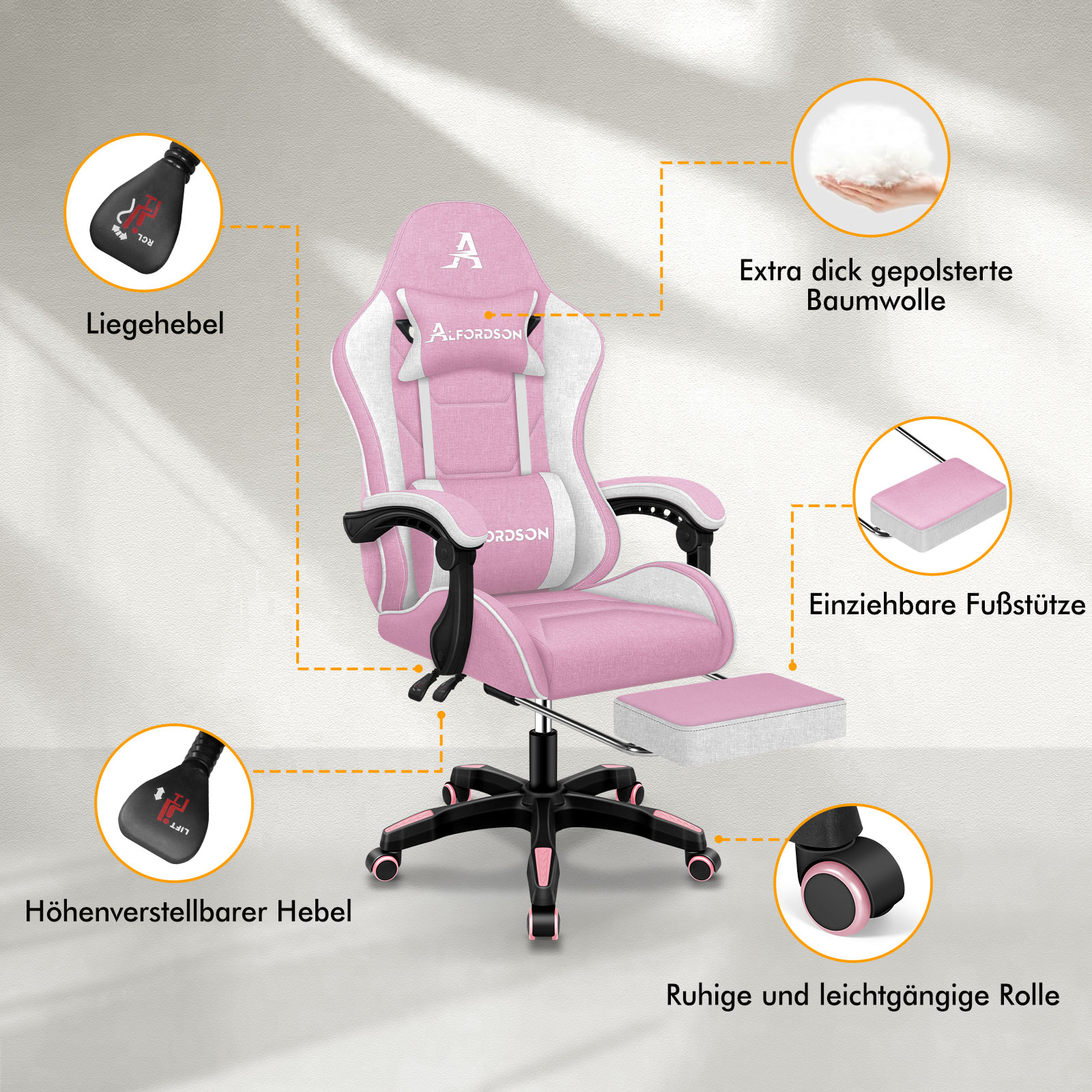 Ein pinker Gamingstuhl mit Armlehnen, Fußstütze, und Hebeln.