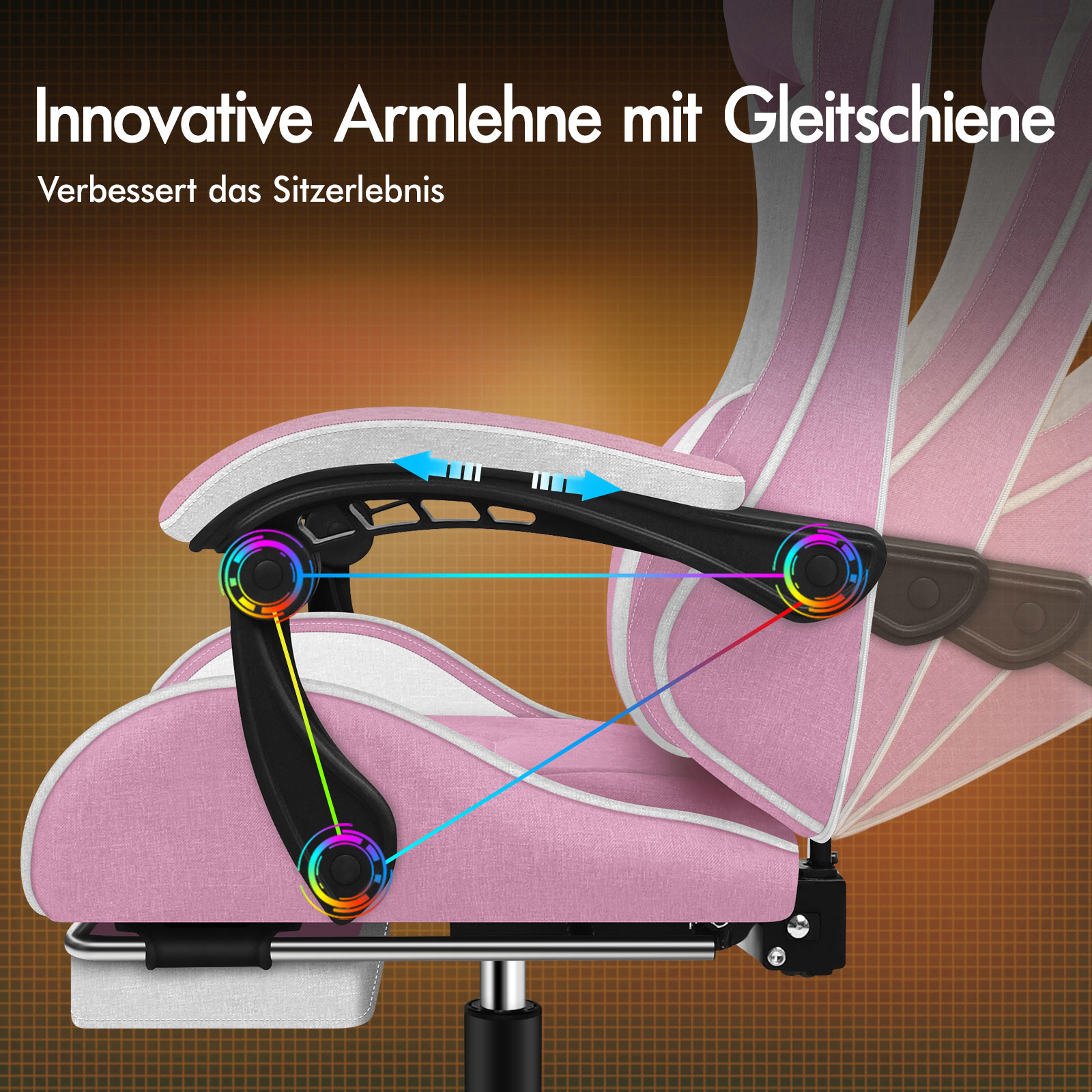 Ein rosa Gaming-Stuhl mit verstellbaren Armlehnen und bunten LED-Ringen.