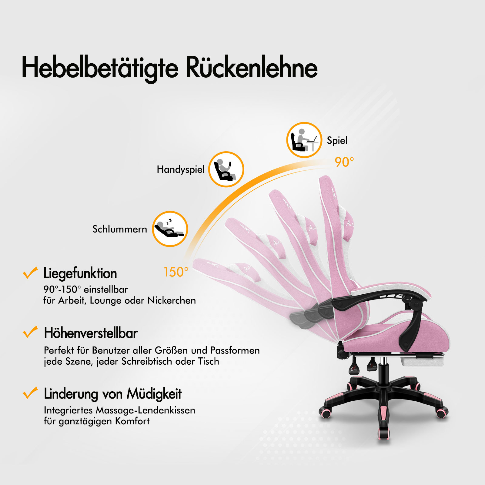 Verstellbare pinke Stuhllehne zeigt Funktionen wie Liegen und Spielen.