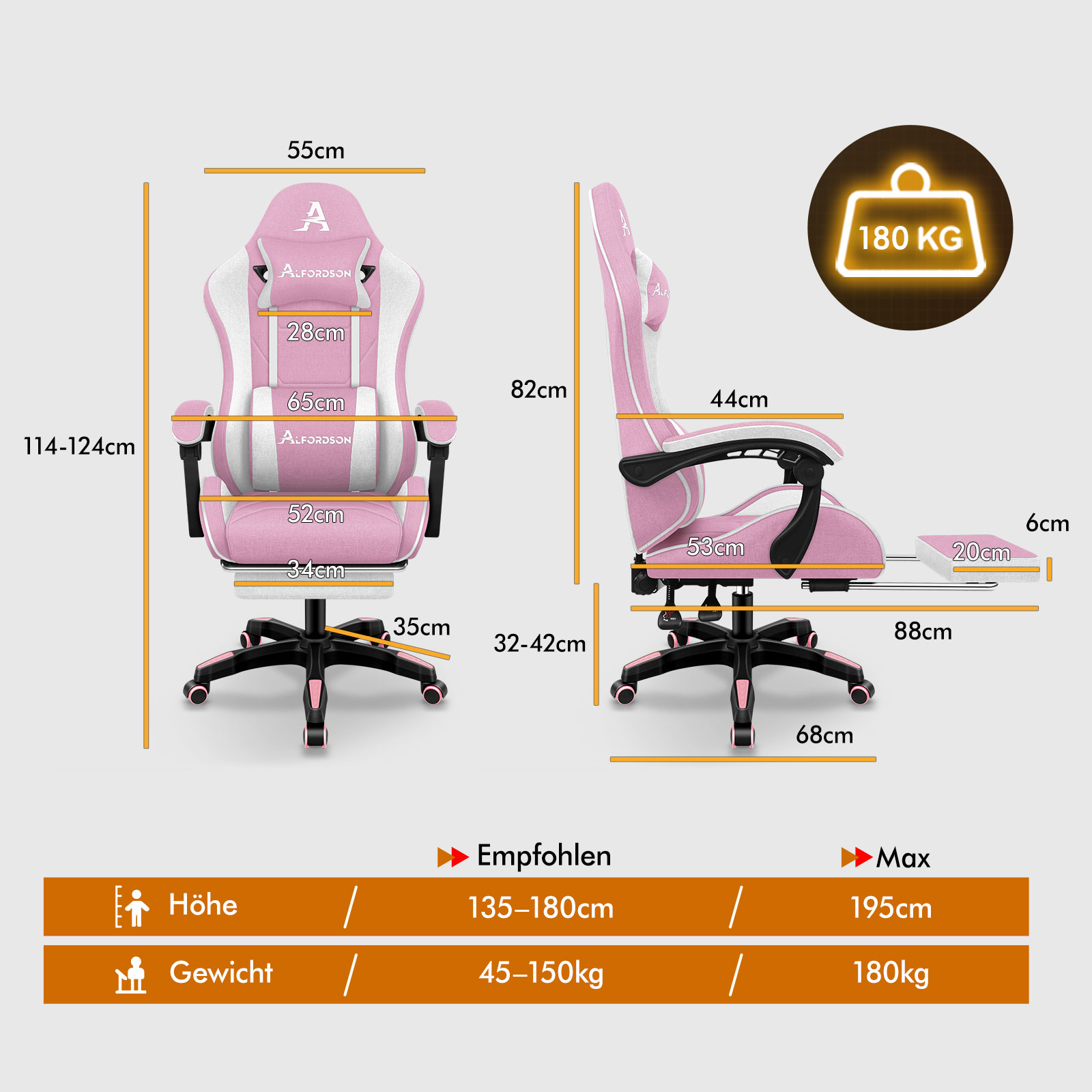 Ein rosa Gaming-Stuhl mit weißen Akzenten und Maßen. Max. Belastung 180 kg.