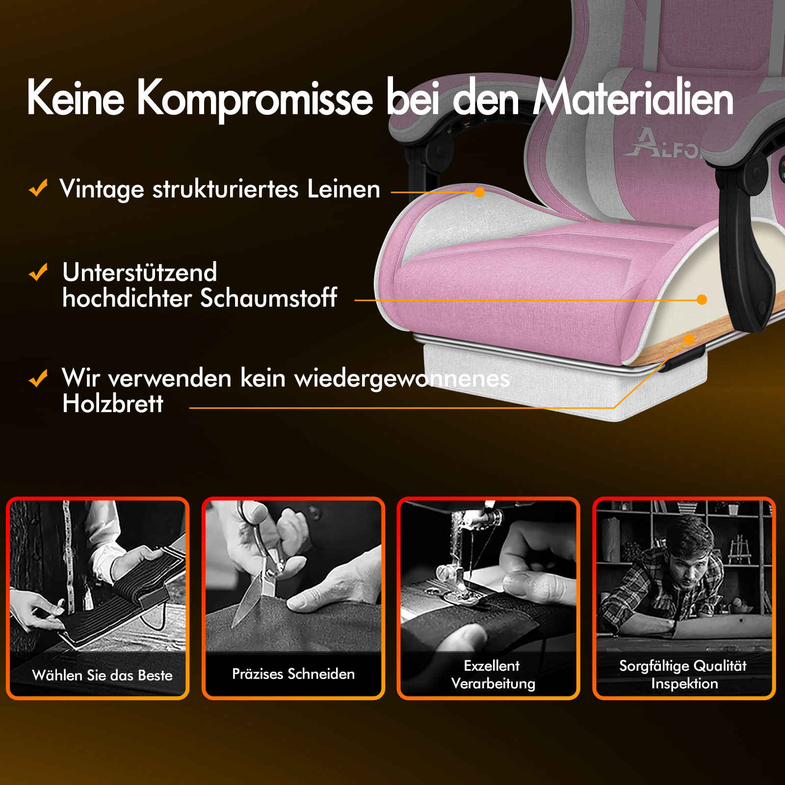 Pink Gamingstuhl mit Fokus auf Materialien: Leinen, Schaumstoff, Holz.